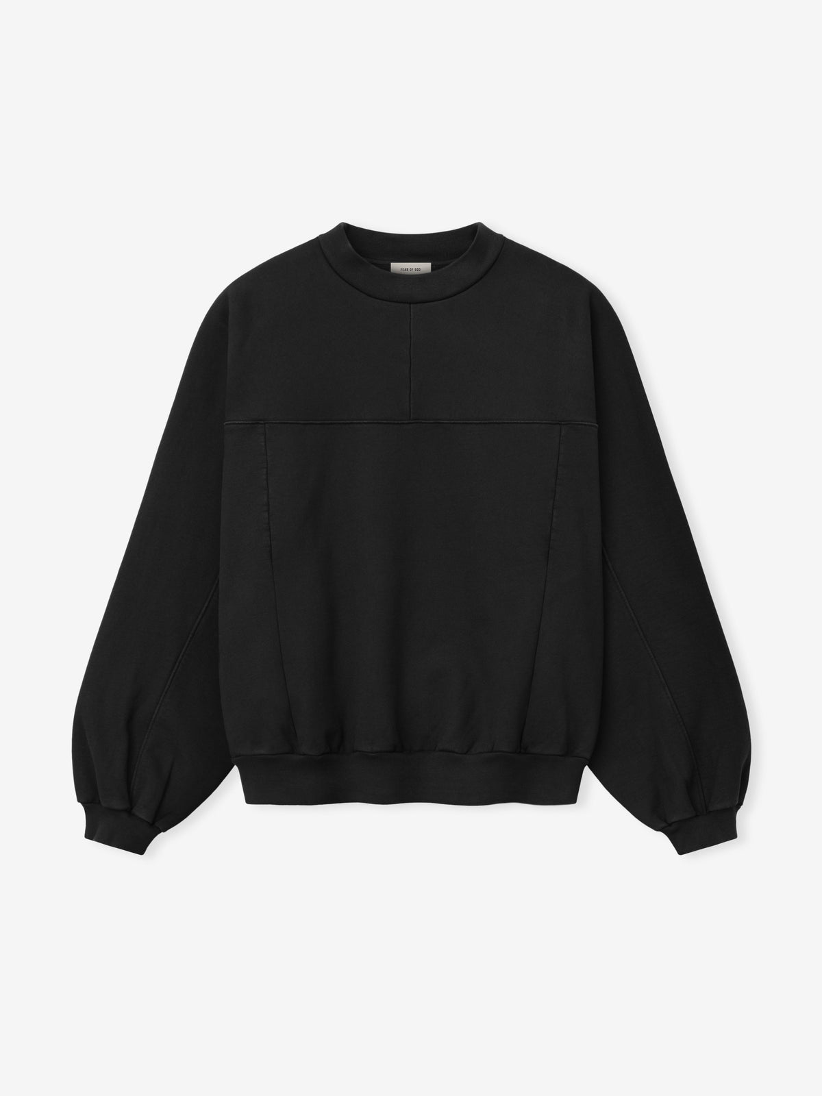 Heavy Fleece Crewneck in black shown flat from the front with a ribbed collar cuffs and hem paneled construction and gathered sleeves as Tops