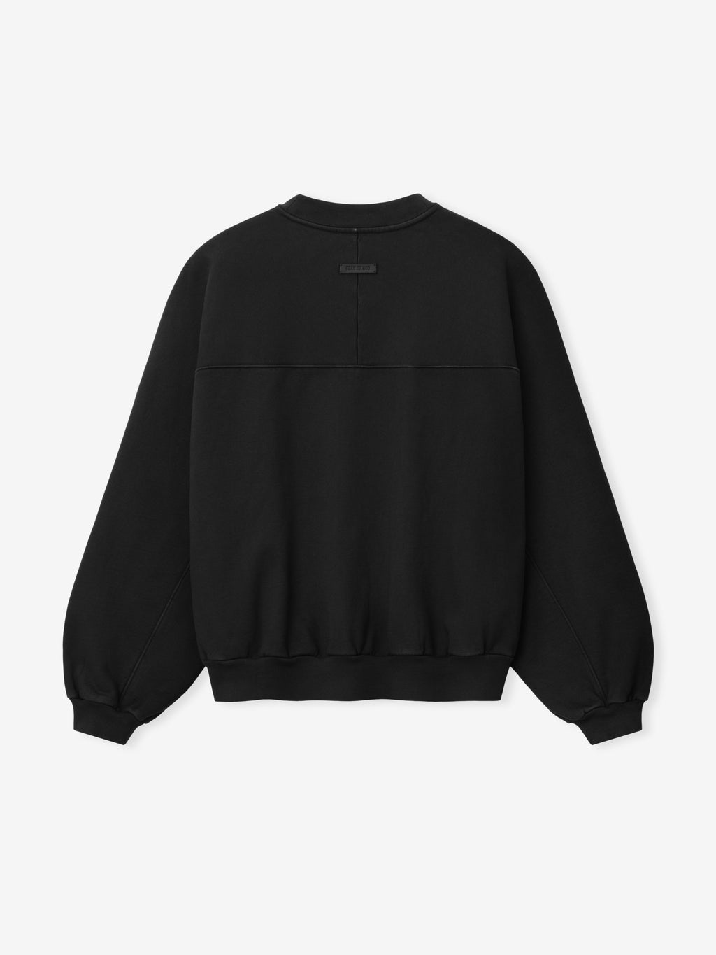Heavy Fleece Crewneck in black shown flat from the front with a ribbed collar cuffs and hem paneled body and gathered sleeves as Tops