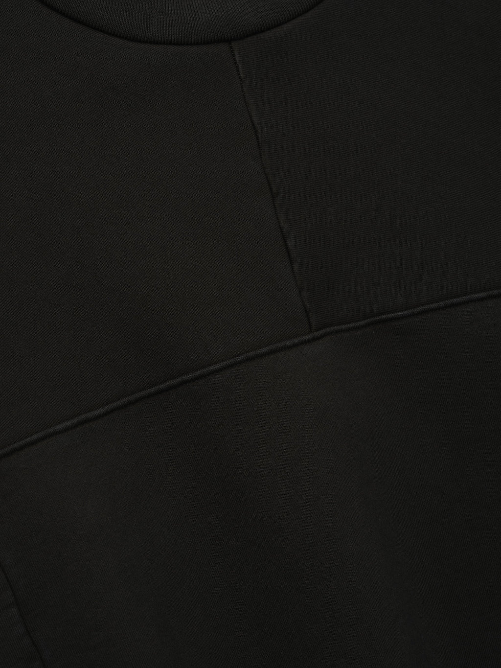 Heavy Fleece Crewneck in black shown in close detail with curved paneled seams and ribbed neckline on soft fleece fabric as Tops