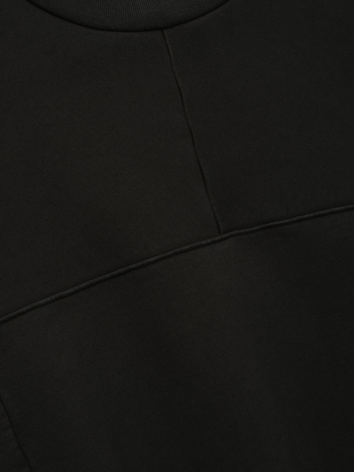 Heavy Fleece Crewneck in black shown in close detail with curved paneled seams and ribbed neckline on soft fleece fabric as Tops