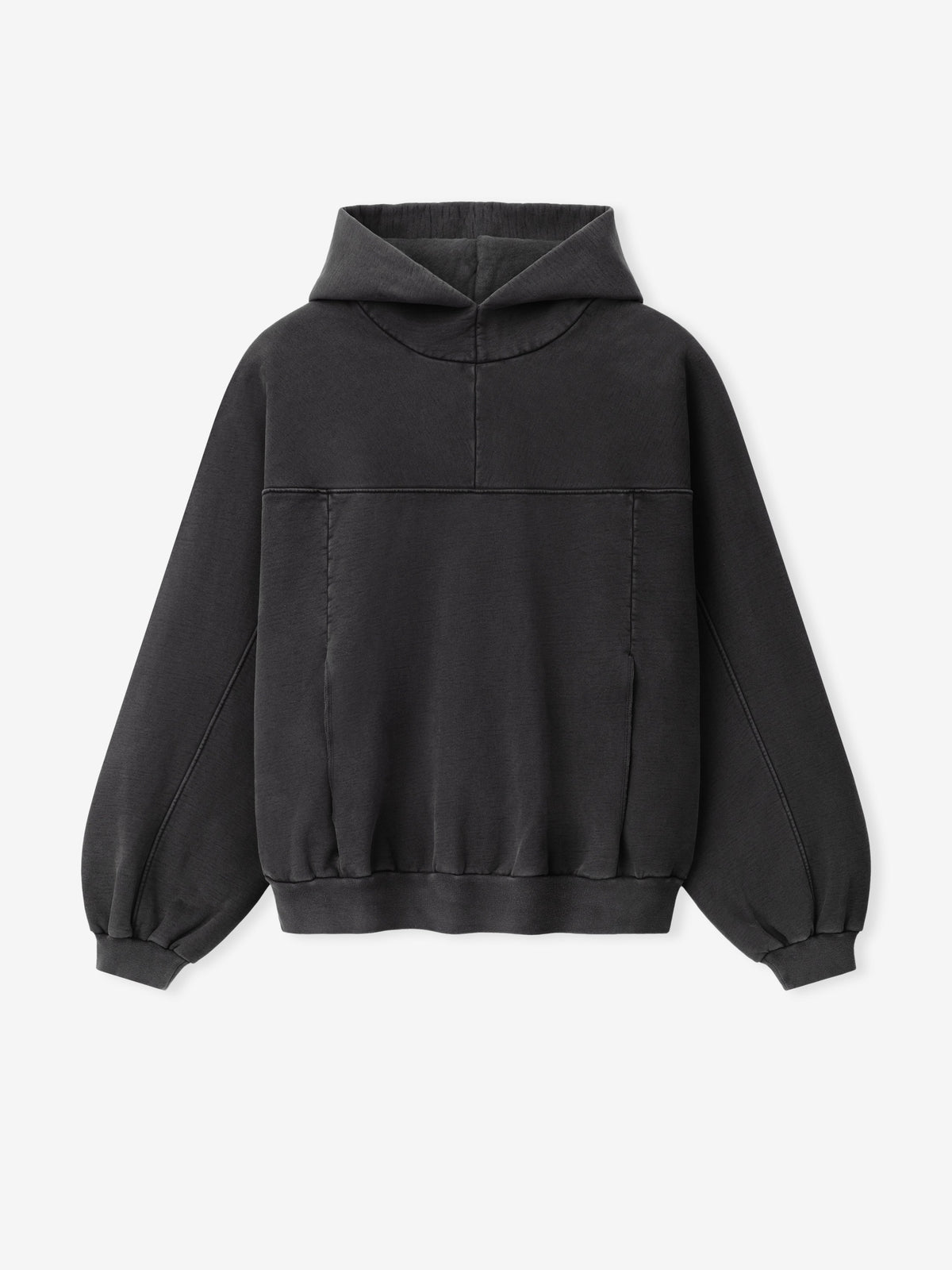 Heavy Fleece Hoodie in black shown flat from the front with a high neck hood paneled body gathered sleeves and ribbed cuffs and hem as Tops