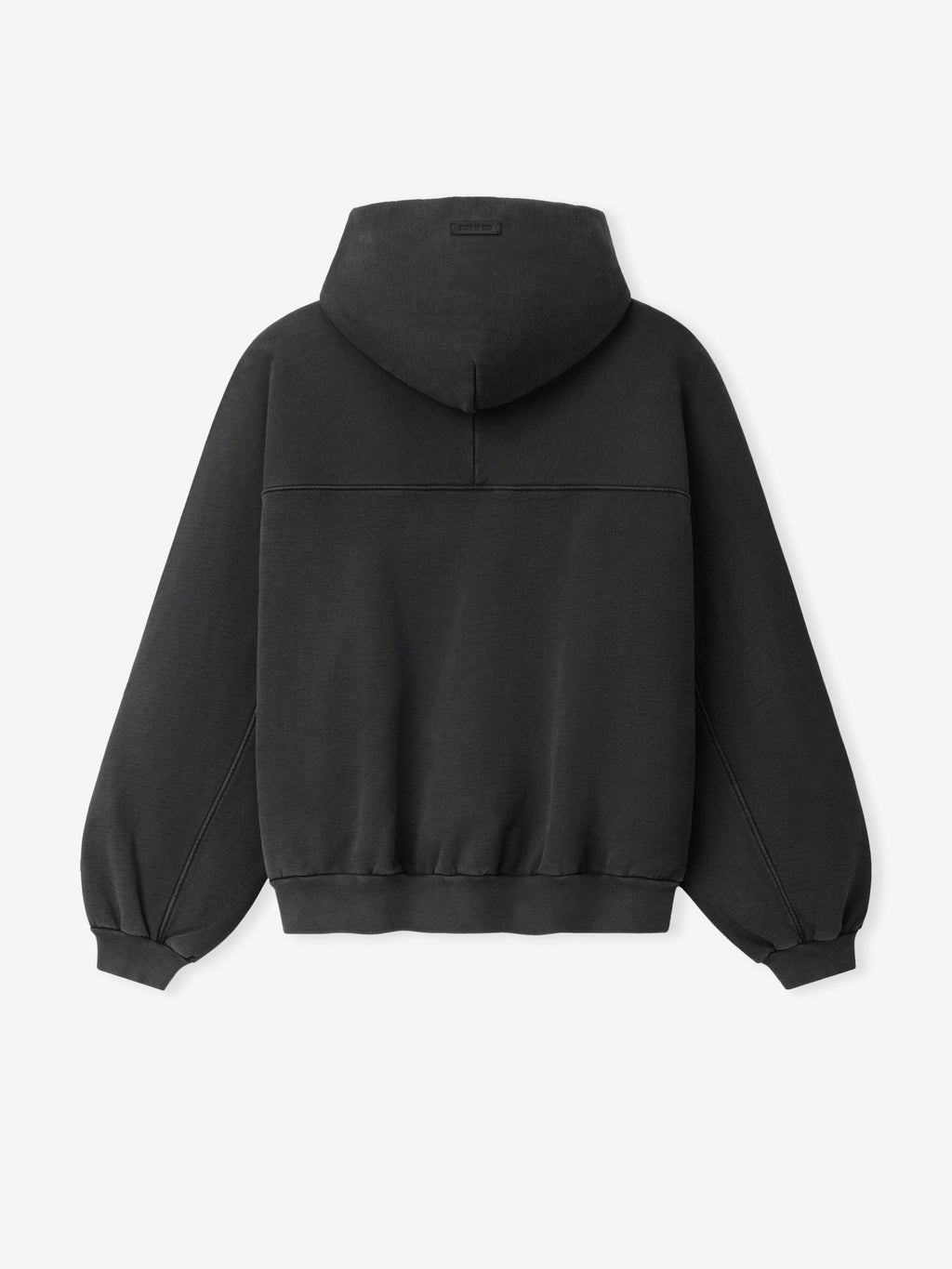 Heavy Fleece Hoodie in black shown flat from the back with a structured hood paneled body gathered sleeves and ribbed cuffs and hem as Tops