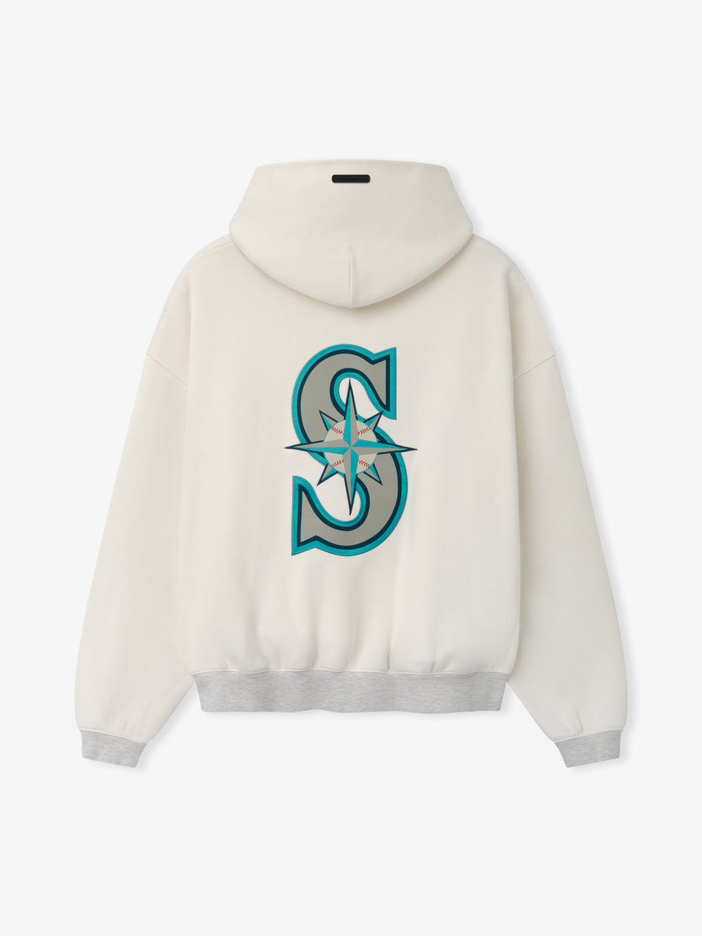 Back view of the Mariners Sport Hoodie in soft crema white with gray ribbed cuffs and hem, featuring a large stylized compass and "S" graphic in teal and gray tones.