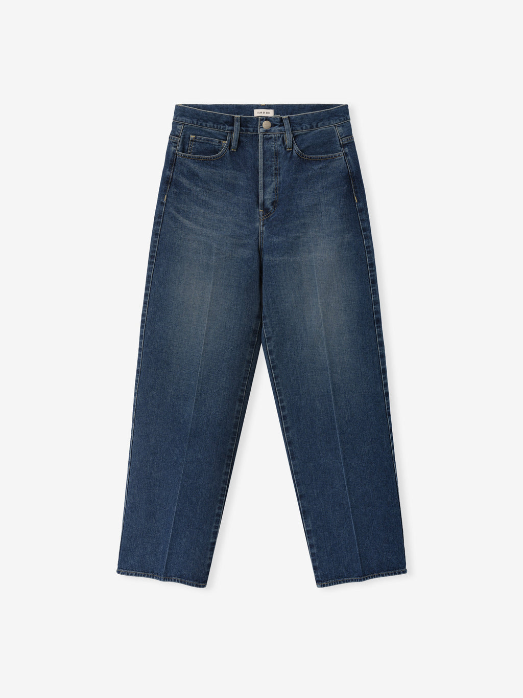 Relaxed Fit Jeans in blue denim shown flat from the front with five pocket styling button fly relaxed straight legs and a lightly faded finish as Bottoms