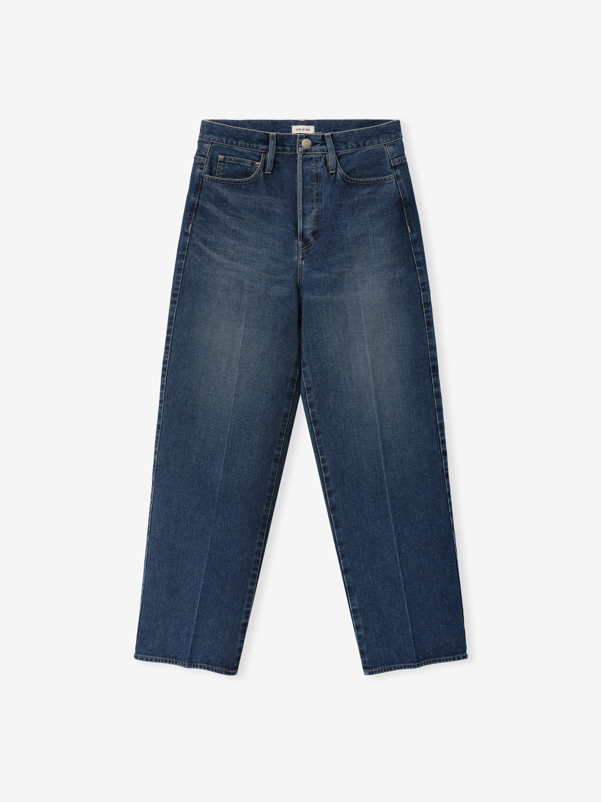 Relaxed Fit Jeans in blue denim shown flat from the front with five pocket styling button fly relaxed straight legs and a lightly faded finish as Bottoms