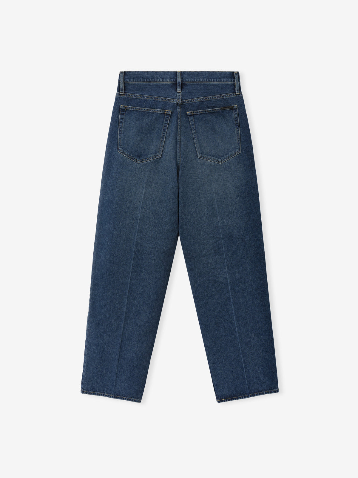 Relaxed Fit Jeans in blue denim shown flat from the back with two patch pockets belt loops a buttoned waistband and relaxed legs as Bottoms
