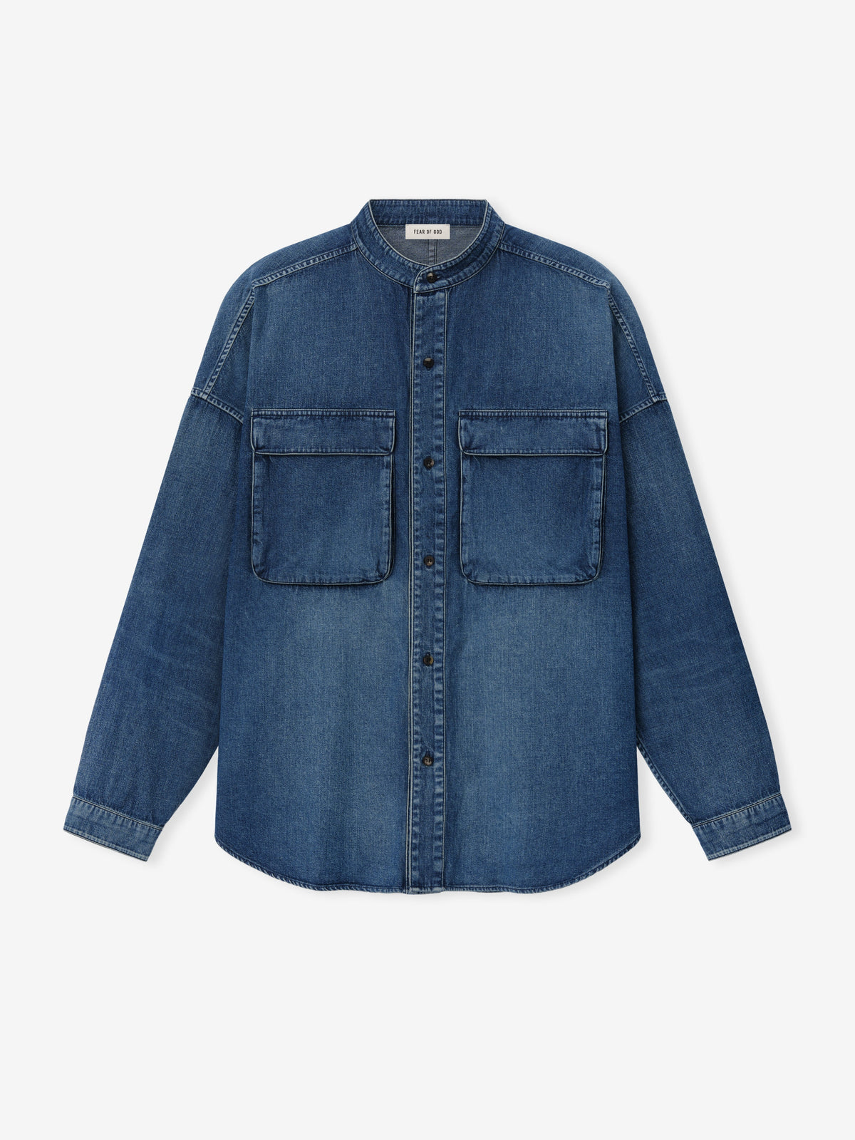 Denim Military Shirt in blue denim shown flat with a stand collar button front long sleeves and two flap chest pockets as Tops