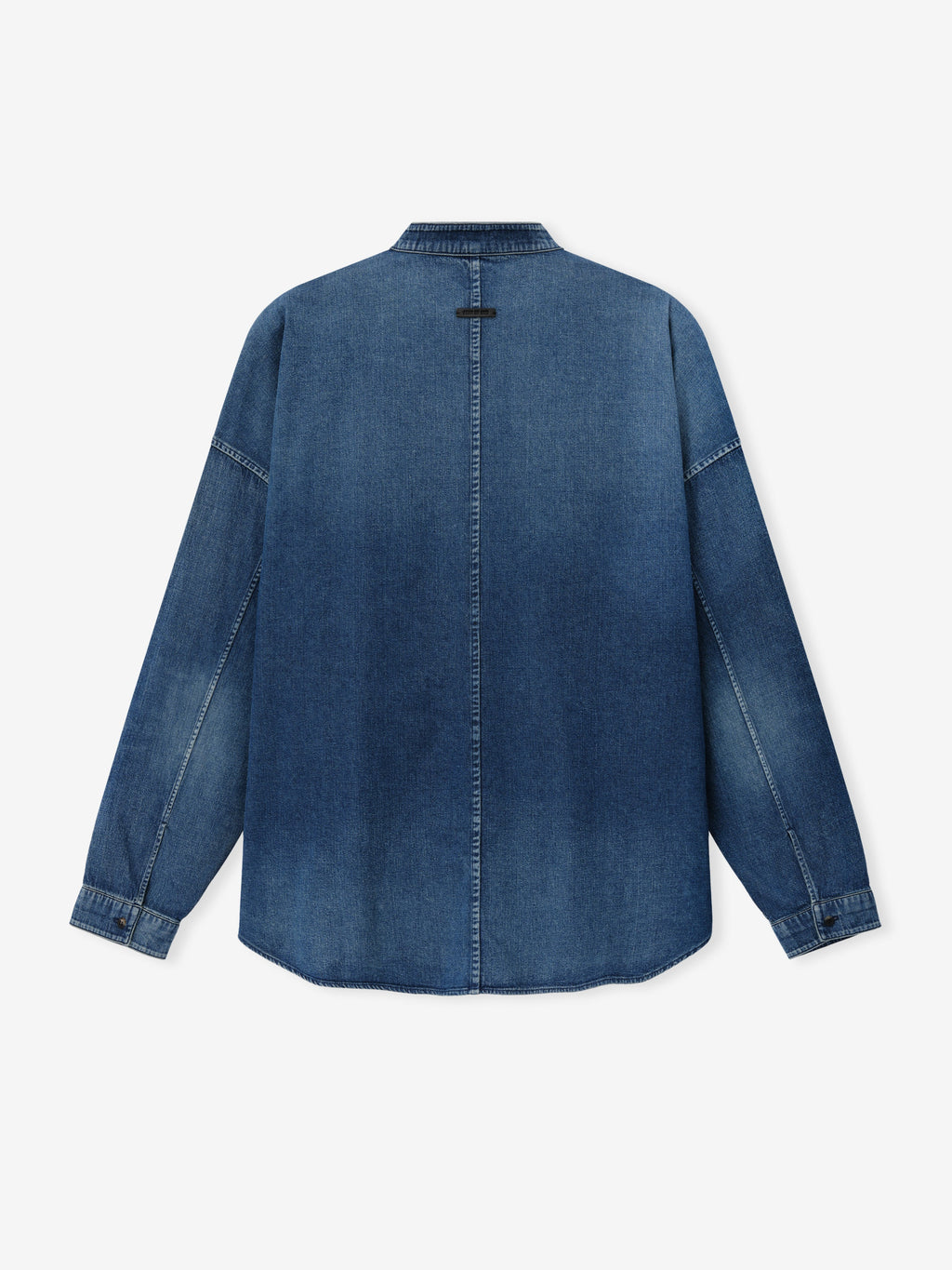 Denim Military Shirt shown flat from the back in blue denim with a stand collar long sleeves button cuffs and a center back seam as Tops