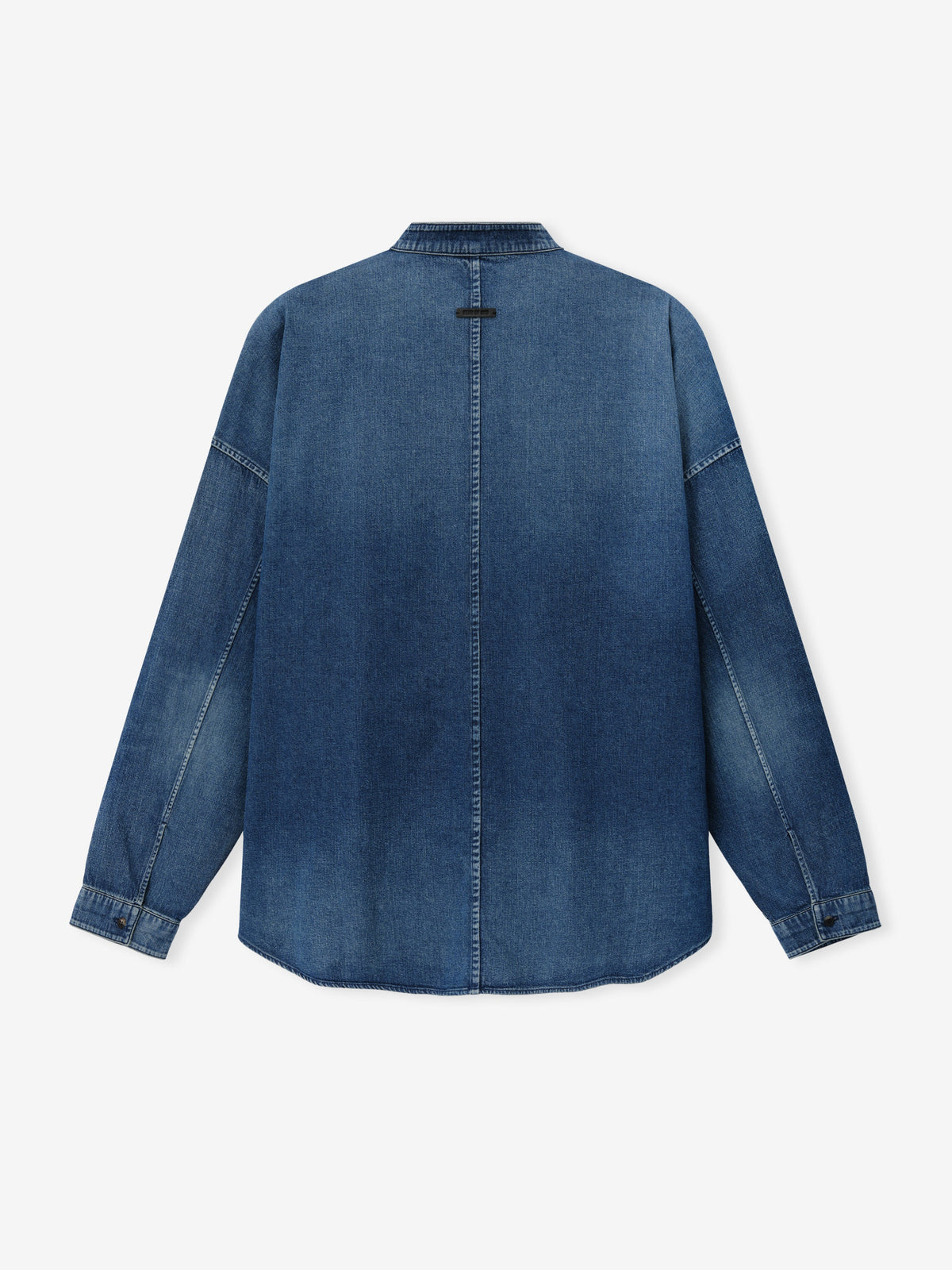 Denim Military Shirt shown flat from the back in blue denim with a stand collar long sleeves button cuffs and a center back seam as Tops