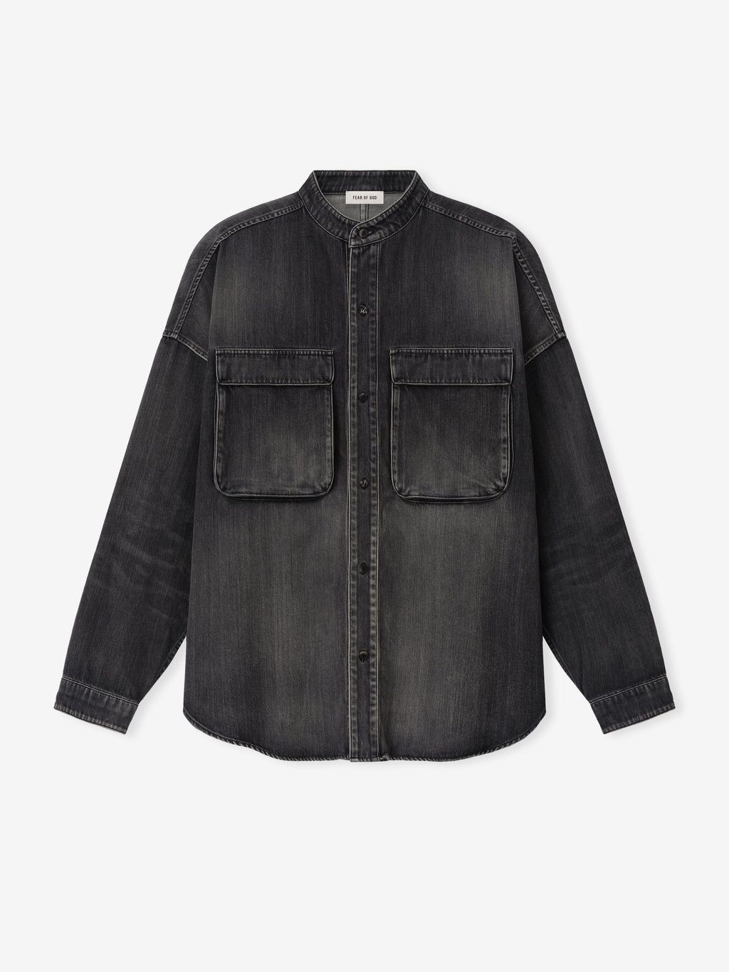 Denim Military Shirt in dark gray denim shown flat from the front with a stand collar button front two flap chest pockets long sleeves and curved hem as Tops