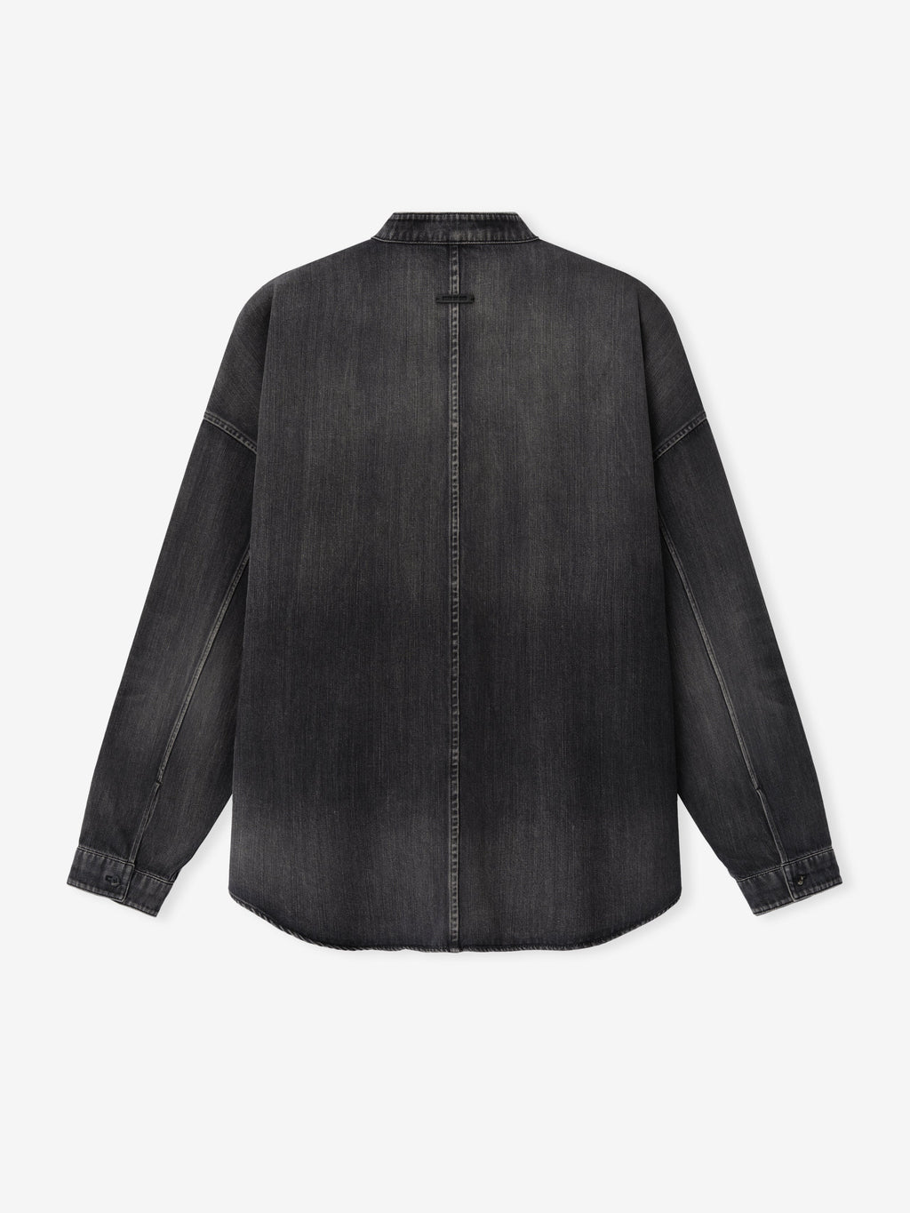 Denim Military Shirt shown flat from the back in dark gray denim with a stand collar long sleeves button cuffs and a center back seam as Tops