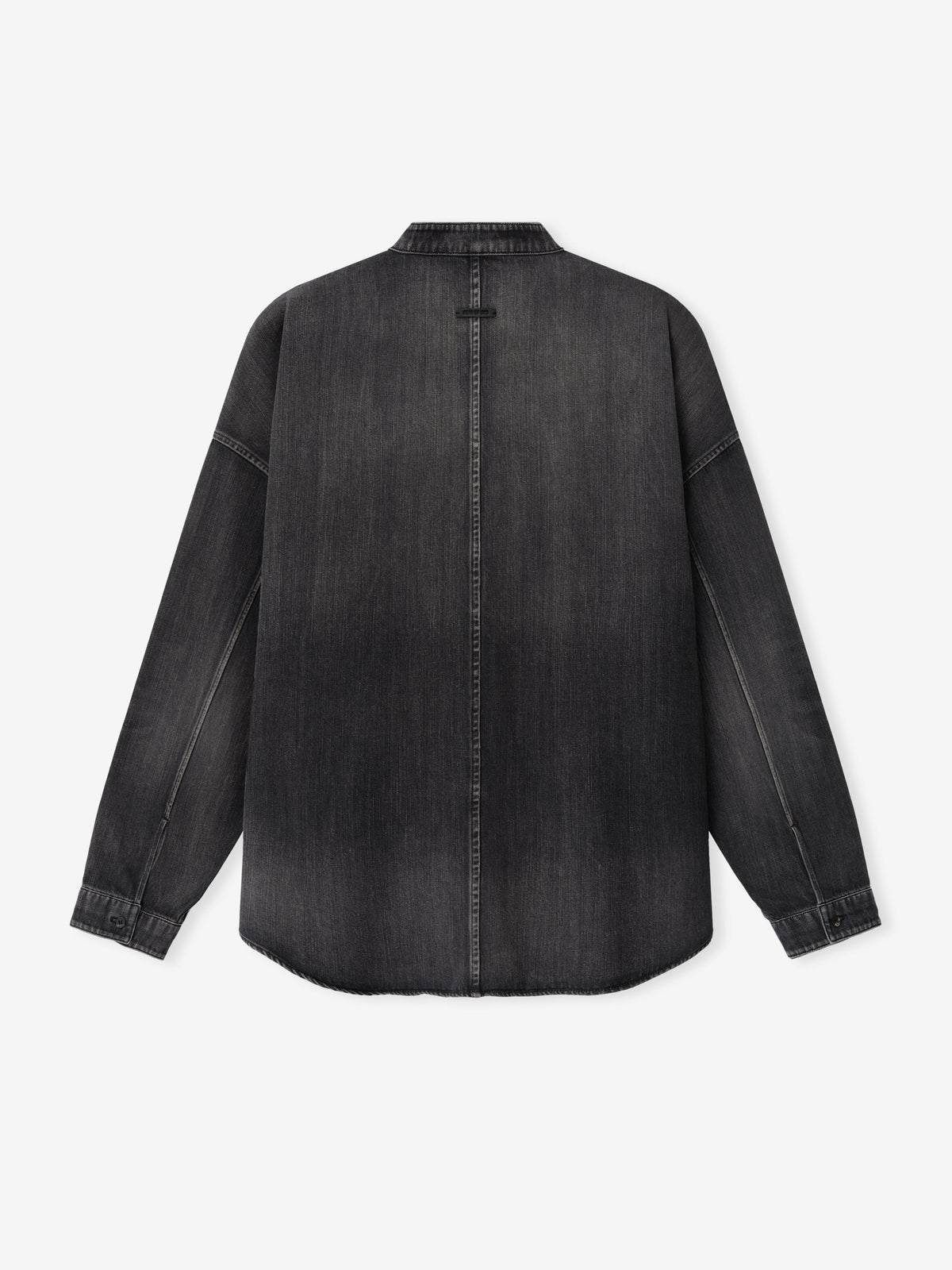Denim Military Shirt shown flat from the back in dark gray denim with a stand collar long sleeves button cuffs and a center back seam as Tops