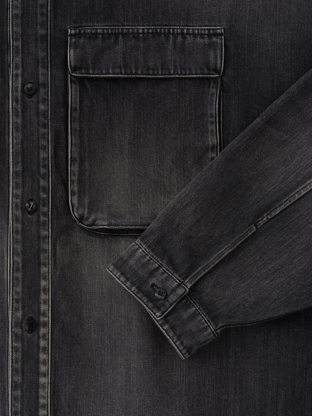 Denim Military Shirt in dark gray denim shown in close detail with a flap chest pocket button front sleeve cuff and tonal stitching as Tops