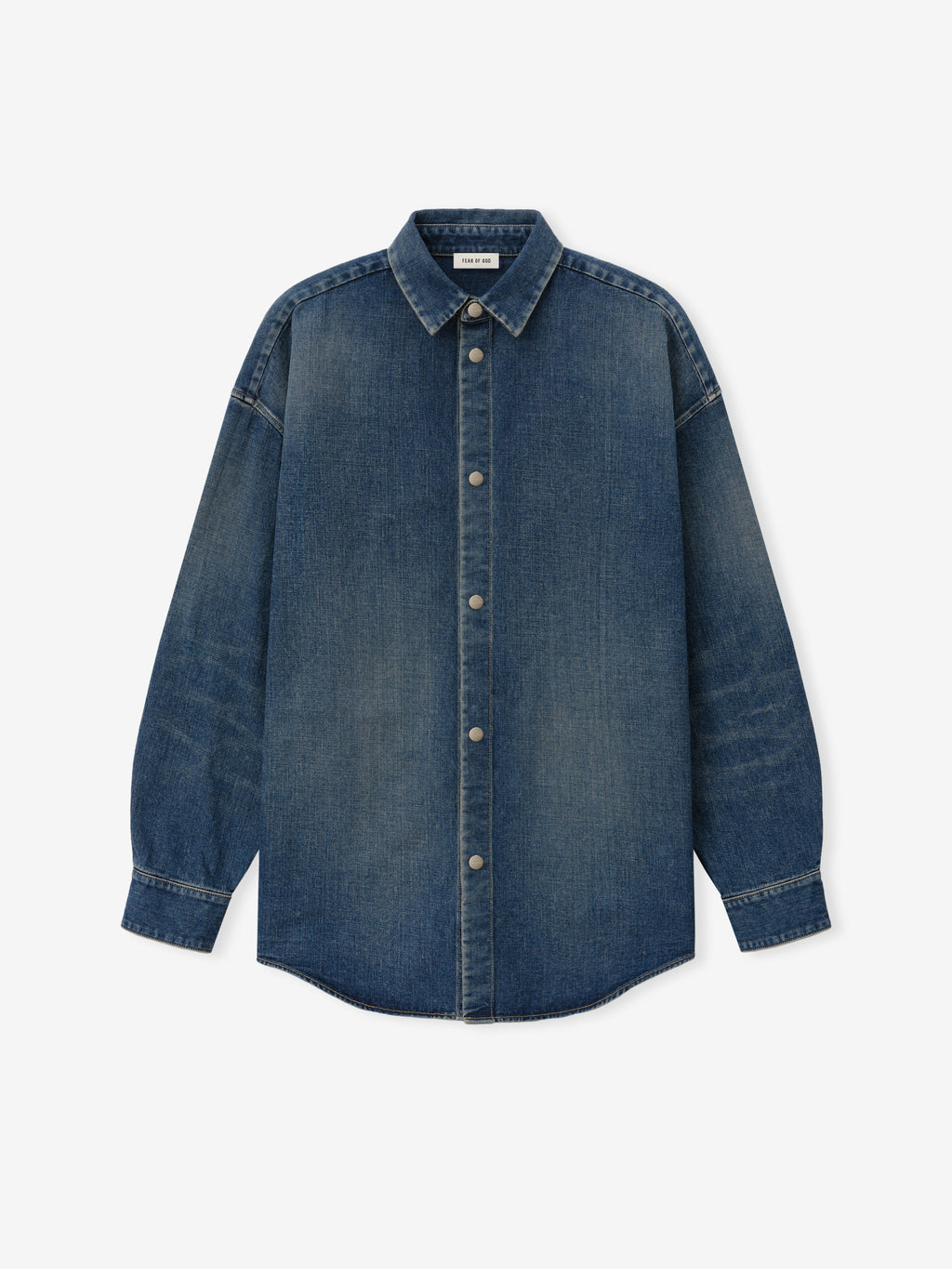 Denim Relaxed Fit Shirt in blue denim shown flat from the front with a pointed collar button front long sleeves curved hem and tonal stitching as Tops