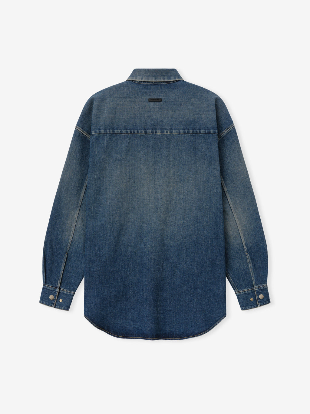 Denim Relaxed Fit Shirt shown flat from the back in blue denim with a stand collar long sleeves button cuffs curved hem and back yoke as Tops
