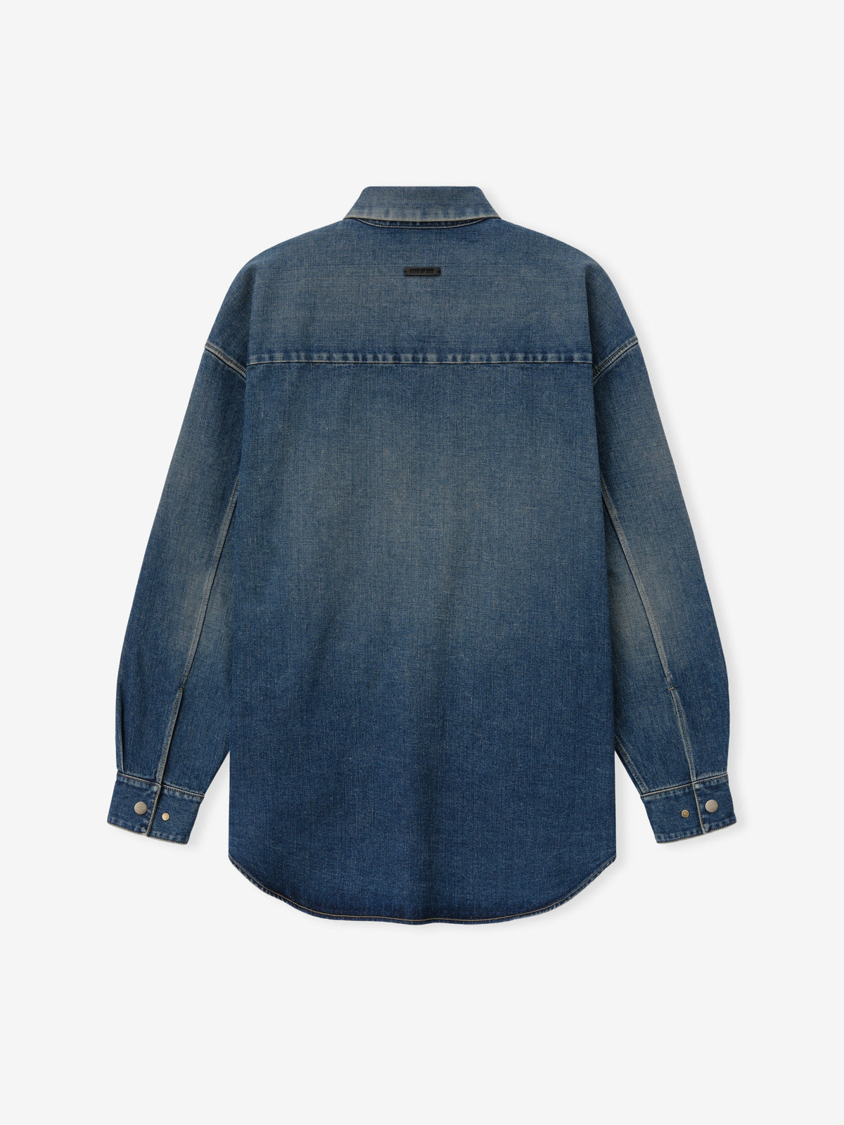 Denim Relaxed Fit Shirt shown flat from the back in blue denim with a stand collar long sleeves button cuffs curved hem and back yoke as Tops