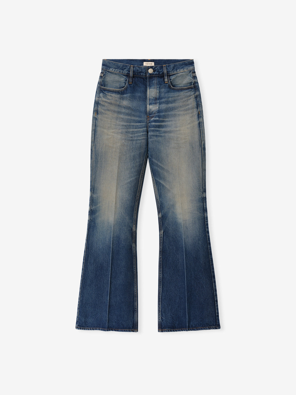 Flared Jeans in faded blue denim shown flat from the front with five pocket styling button closure belt loops and wide flared legs as Bottoms