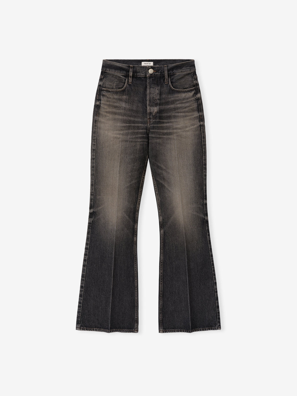 Flared Jeans in charcoal denim shown flat from the front with five pocket styling button closure belt loops whiskering and wide flared legs as Bottoms