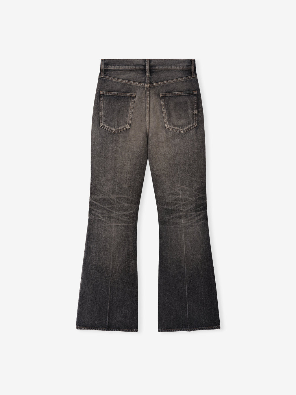 Flared Jeans in charcoal denim shown flat from the back with two patch pockets belt loops tonal stitching whiskering and wide flared legs as Bottoms
