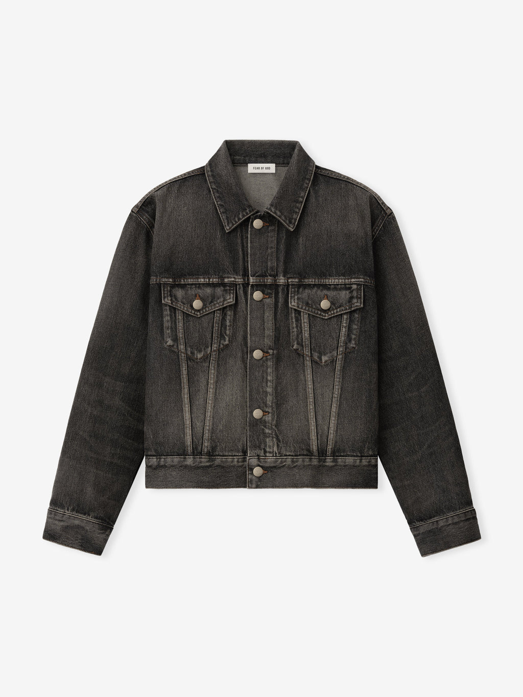 Denim Trucker Jacket in dark washed denim shown flat from the front with pointed collar button closure flap chest pockets long sleeves and button cuffs as Outerwear
