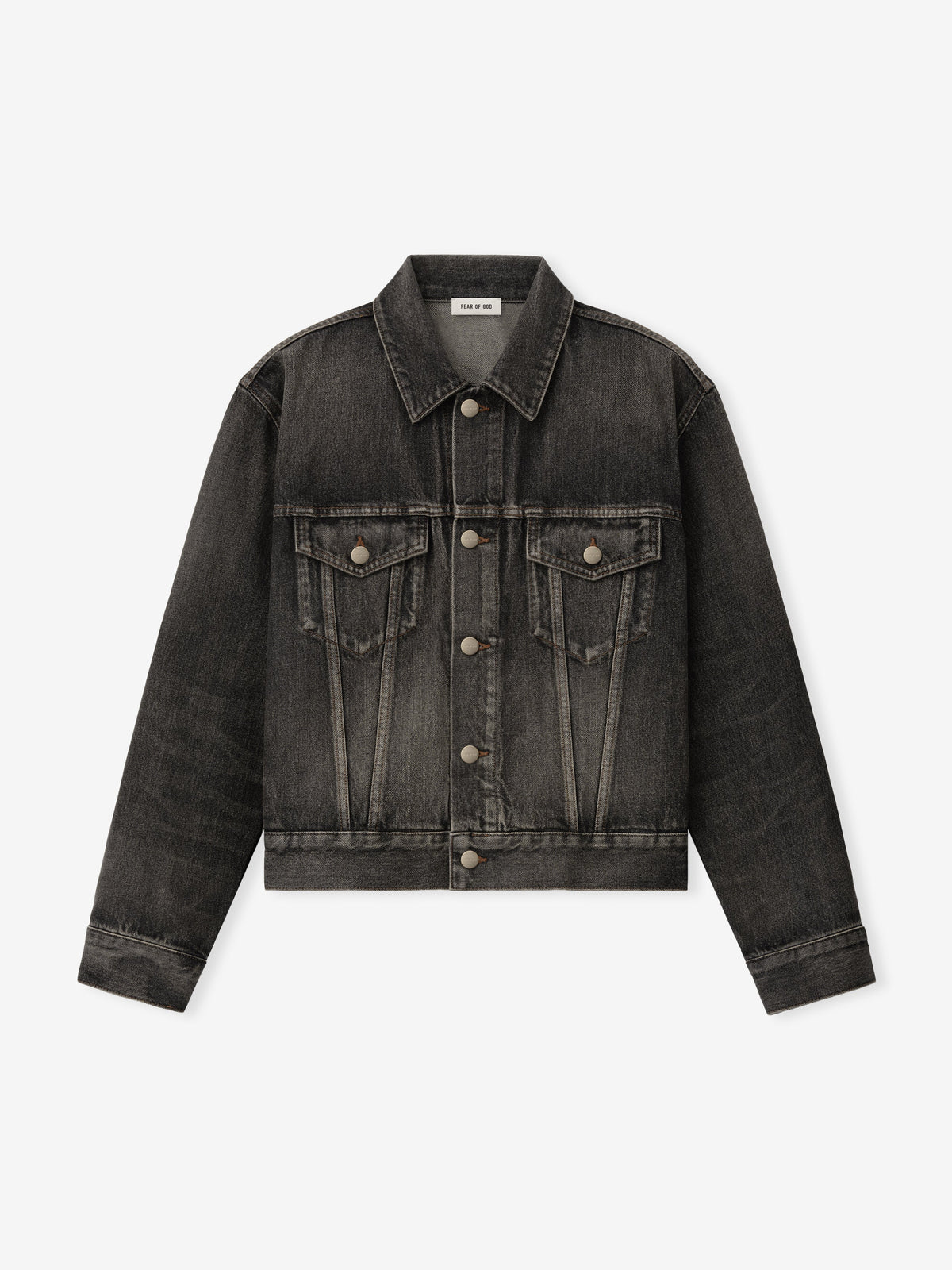 Denim Trucker Jacket in dark washed denim shown flat from the front with pointed collar button closure flap chest pockets long sleeves and button cuffs as Outerwear