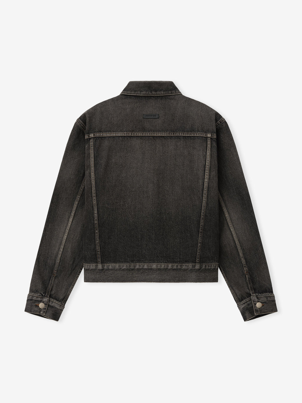 Denim Trucker Jacket in dark washed denim shown flat from the back with seam detailing long sleeves button cuffs and a cropped hem as Outerwear