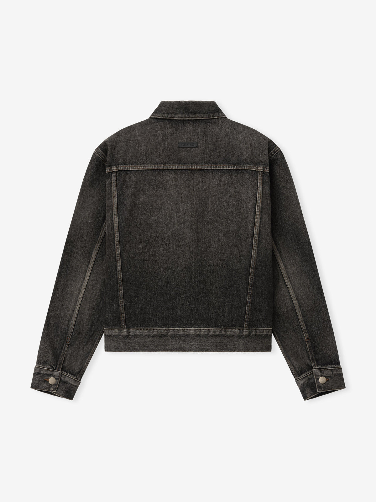 Denim Trucker Jacket in dark washed denim shown flat from the back with seam detailing long sleeves button cuffs and a cropped hem as Outerwear