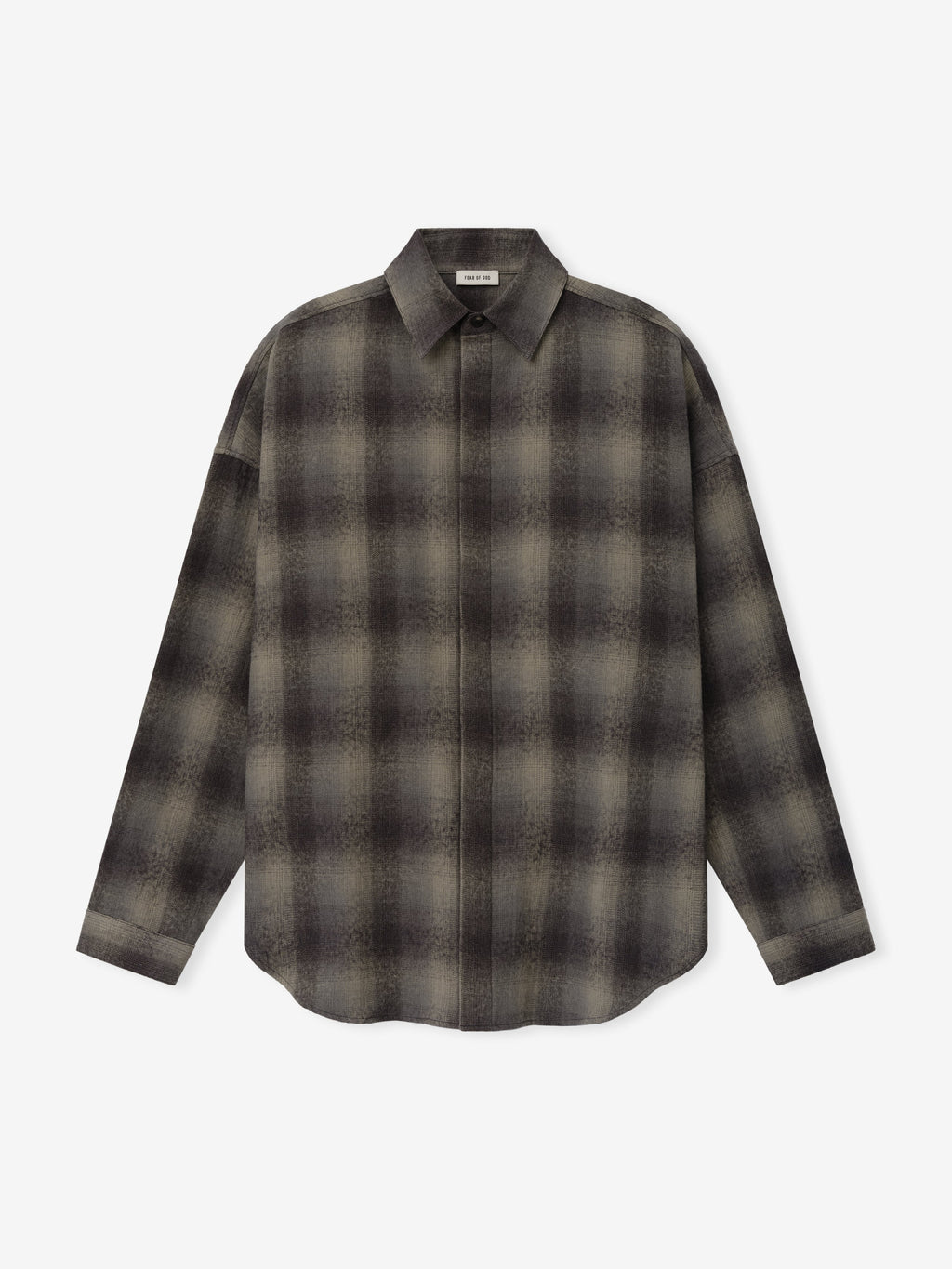 Cotton Wool Flannel Check Shirt in dark brown and gray plaid shown flat from the front with pointed collar long sleeves button front and curved hem as Tops