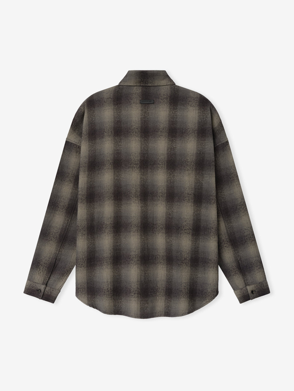Cotton Wool Flannel Check Shirt in dark brown and gray plaid shown flat from the back with collar long sleeves button cuffs and curved hem as Tops