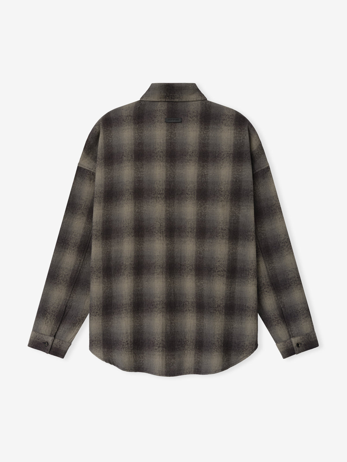 Cotton Wool Flannel Check Shirt in dark brown and gray plaid shown flat from the back with collar long sleeves button cuffs and curved hem as Tops