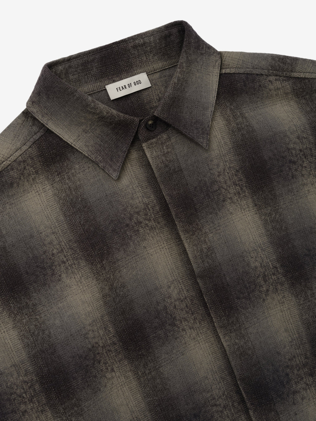 Cotton Wool Flannel Check Shirt in dark brown and gray plaid close up showing pointed collar button front textured fabric and Fear of God neck label as Tops