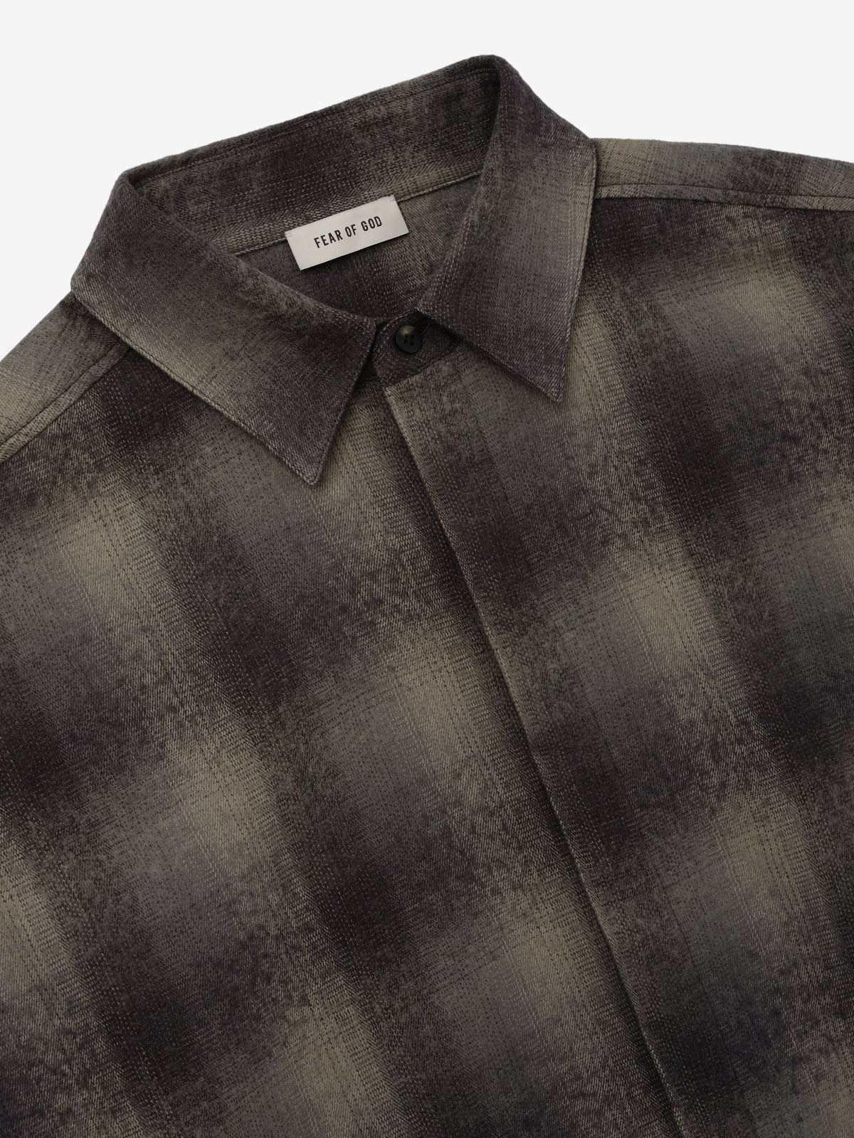 Cotton Wool Flannel Check Shirt in dark brown and gray plaid close up showing pointed collar button front textured fabric and Fear of God neck label as Tops