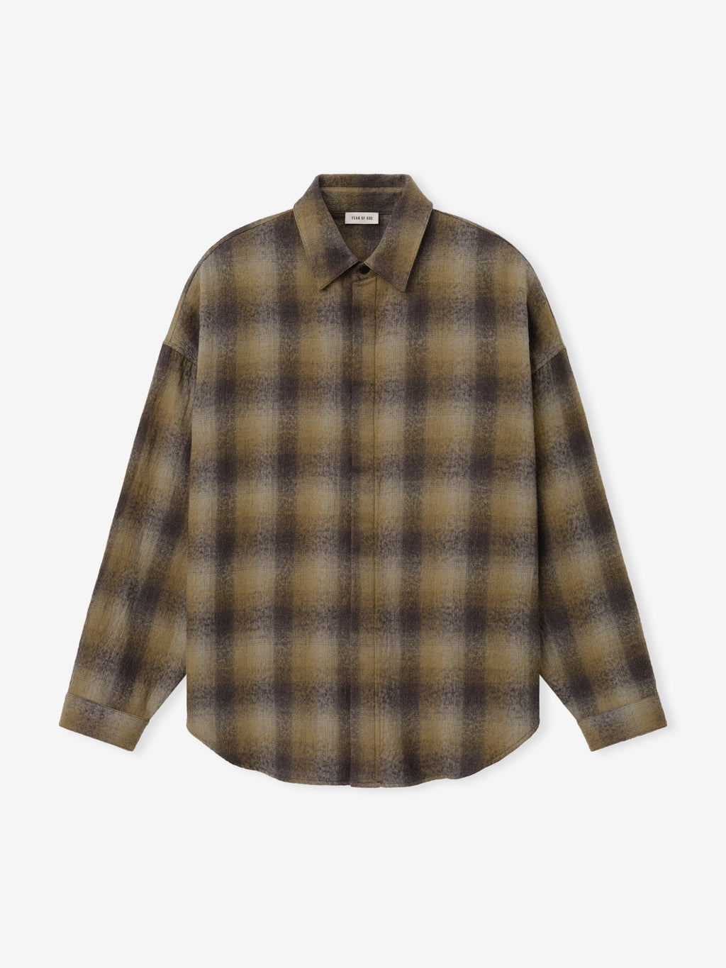 Cotton Wool Flannel Check Shirt in brown and beige plaid shown flat from the front with a pointed collar long sleeves and curved hem as Tops