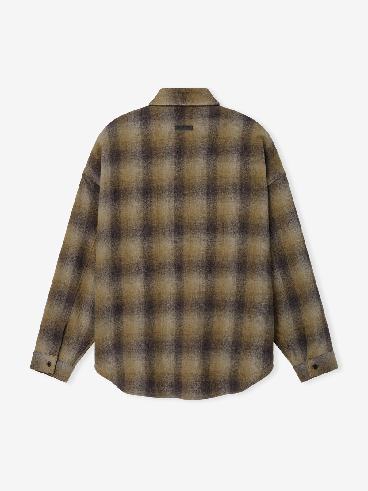 Cotton Wool Flannel Check Shirt in brown and beige plaid shown flat from the back with collar long sleeves button cuffs curved hem and back neck label as Tops