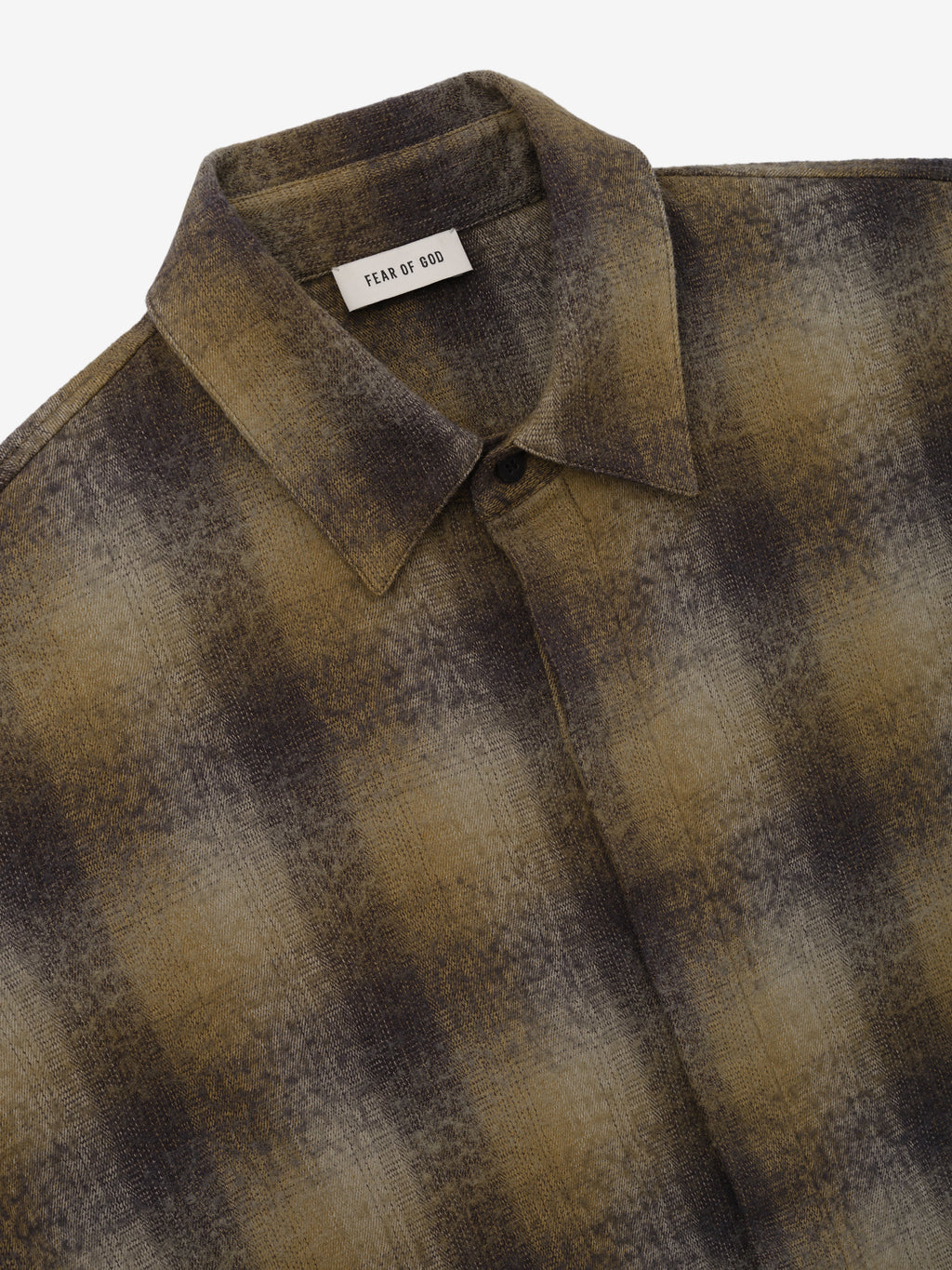 Cotton Wool Flannel Check Shirt in brown and beige plaid close up showing pointed collar button front and Fear of God neck label as Tops