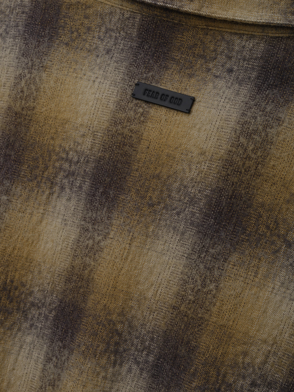 Cotton Wool Flannel Check Shirt in brown and beige plaid close up showing textured fabric and Fear of God label as Tops