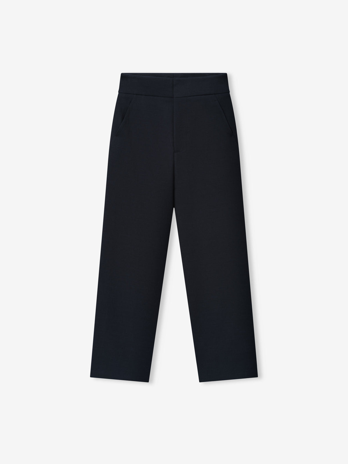 Double Weave Cotton Wool Casual Flat Front Trousers shown flat from the front in black with a clean waistband straight legs and subtle side pockets as Bottoms
