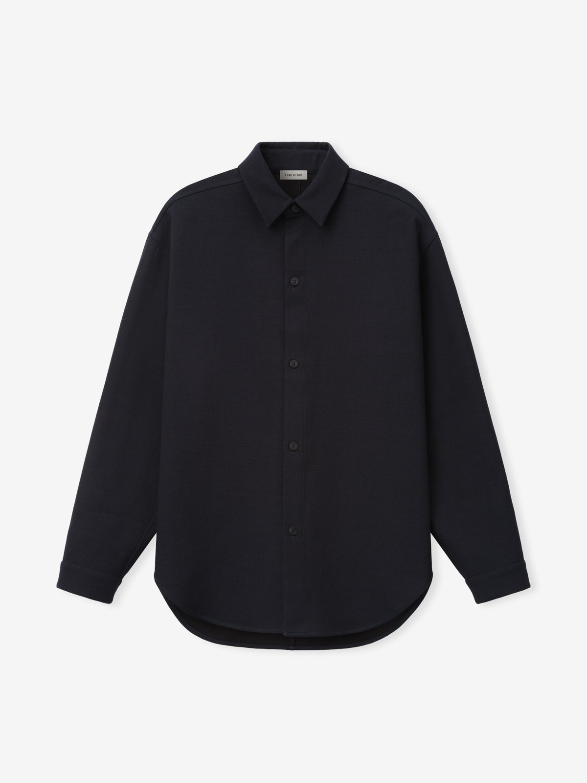 Double Weave Cotton Wool Overshirt shown flat from the front in black with a pointed collar button placket long sleeves and curved hem as Tops