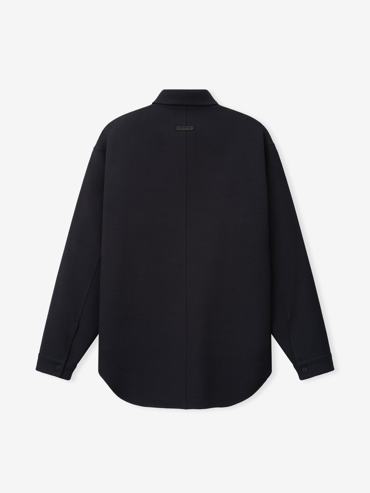 Double Weave Cotton Wool Overshirt shown flat from the back in black with a raised collar long sleeves curved hem and subtle rear label as Tops
