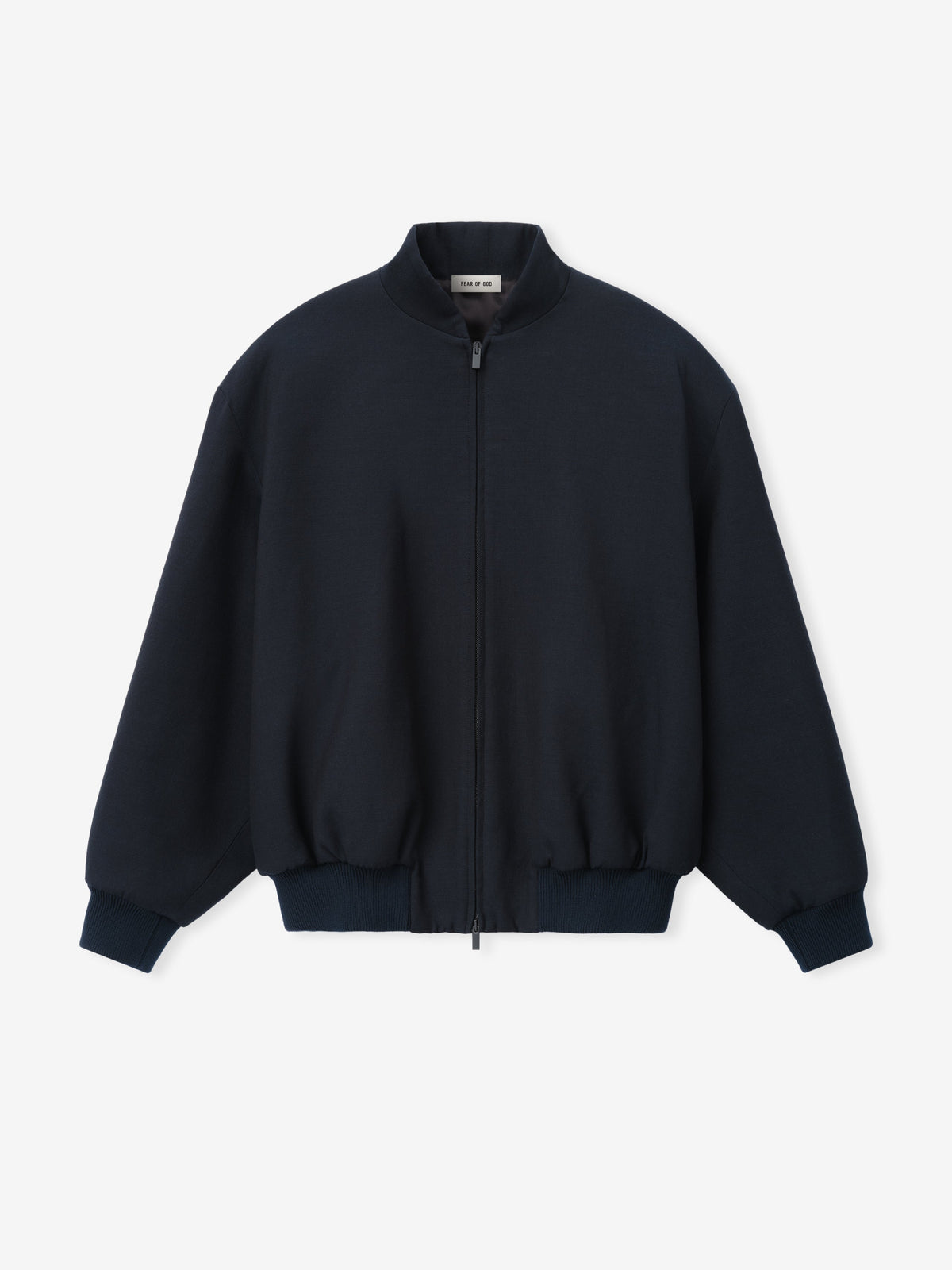 Double Weave Cotton Wool Eternal Bomber shown flat from the front in dark navy with a full zip stand collar elastic cuffs and ribbed hem as Outerwear