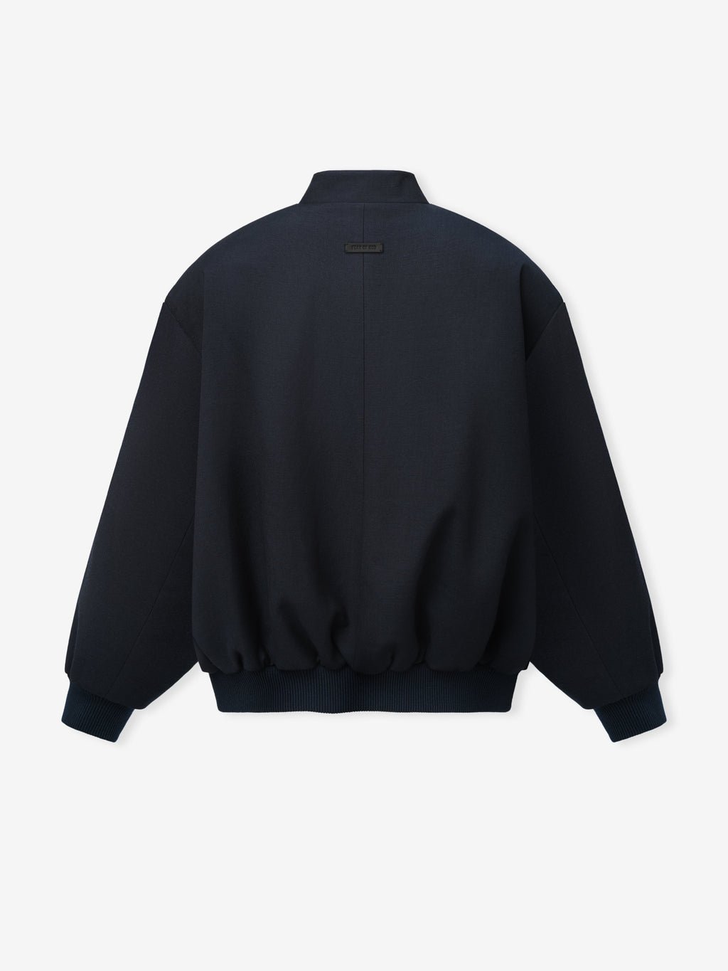 Double Weave Cotton Wool Eternal Bomber shown flat from the back in dark navy with a stand collar raglan sleeves elastic cuffs ribbed hem and rear label as Outerwear