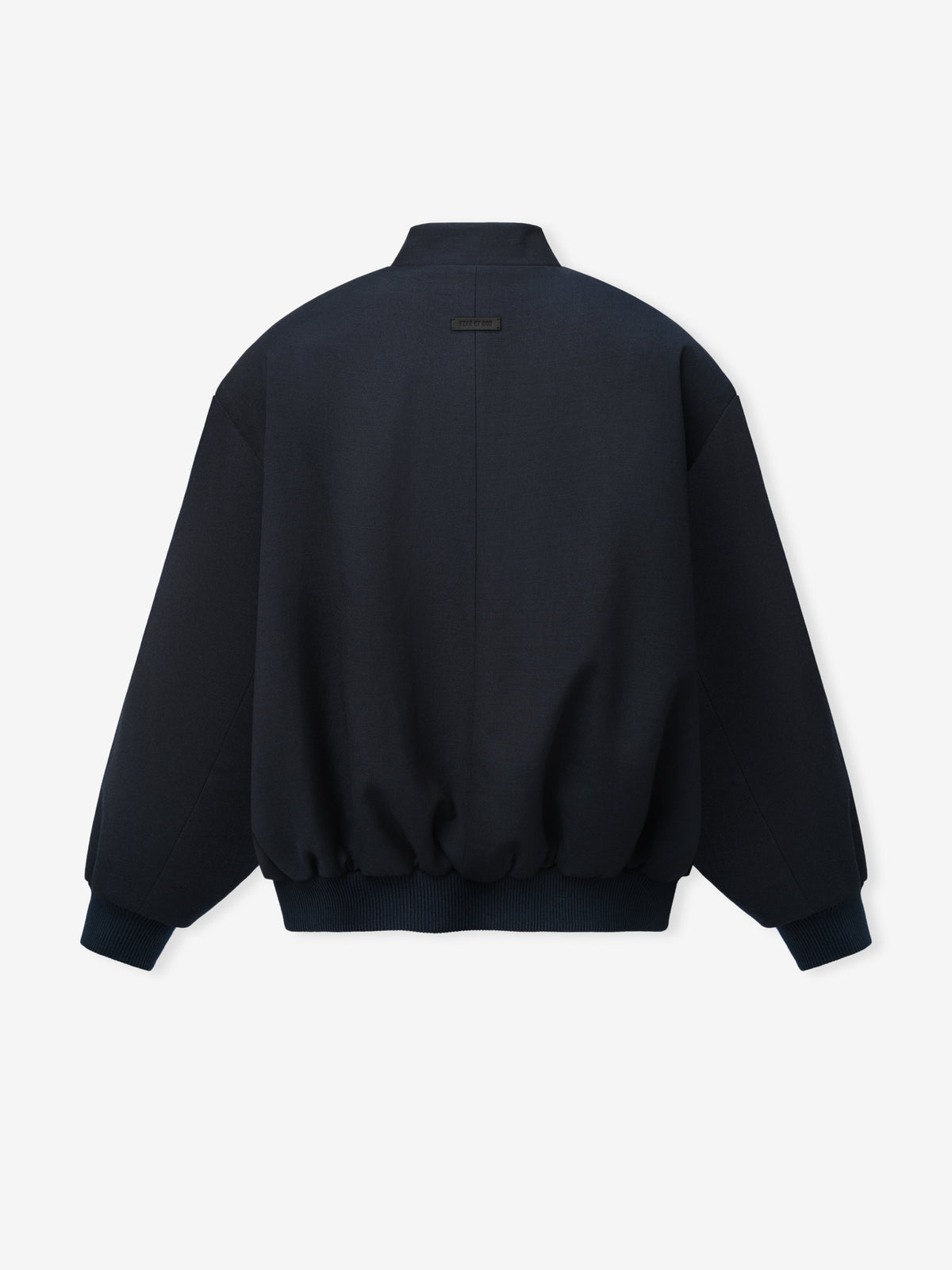 Double Weave Cotton Wool Eternal Bomber shown flat from the back in dark navy with a stand collar raglan sleeves elastic cuffs ribbed hem and rear label as Outerwear