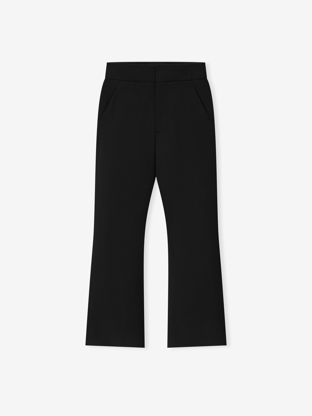 Double Weave Wool Flared Flat Front Pants shown flat in black with a high waist angled pockets and subtly flared legs as Bottoms
