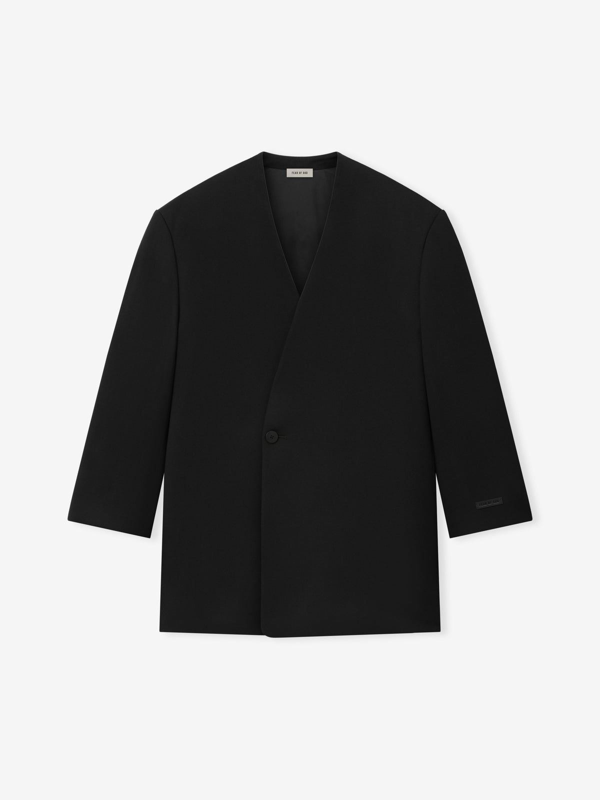 Easy Care Wool Lapelless Mid-length Jacket in black shown flat with a clean V neckline single button closure and long sleeves as Outerwear