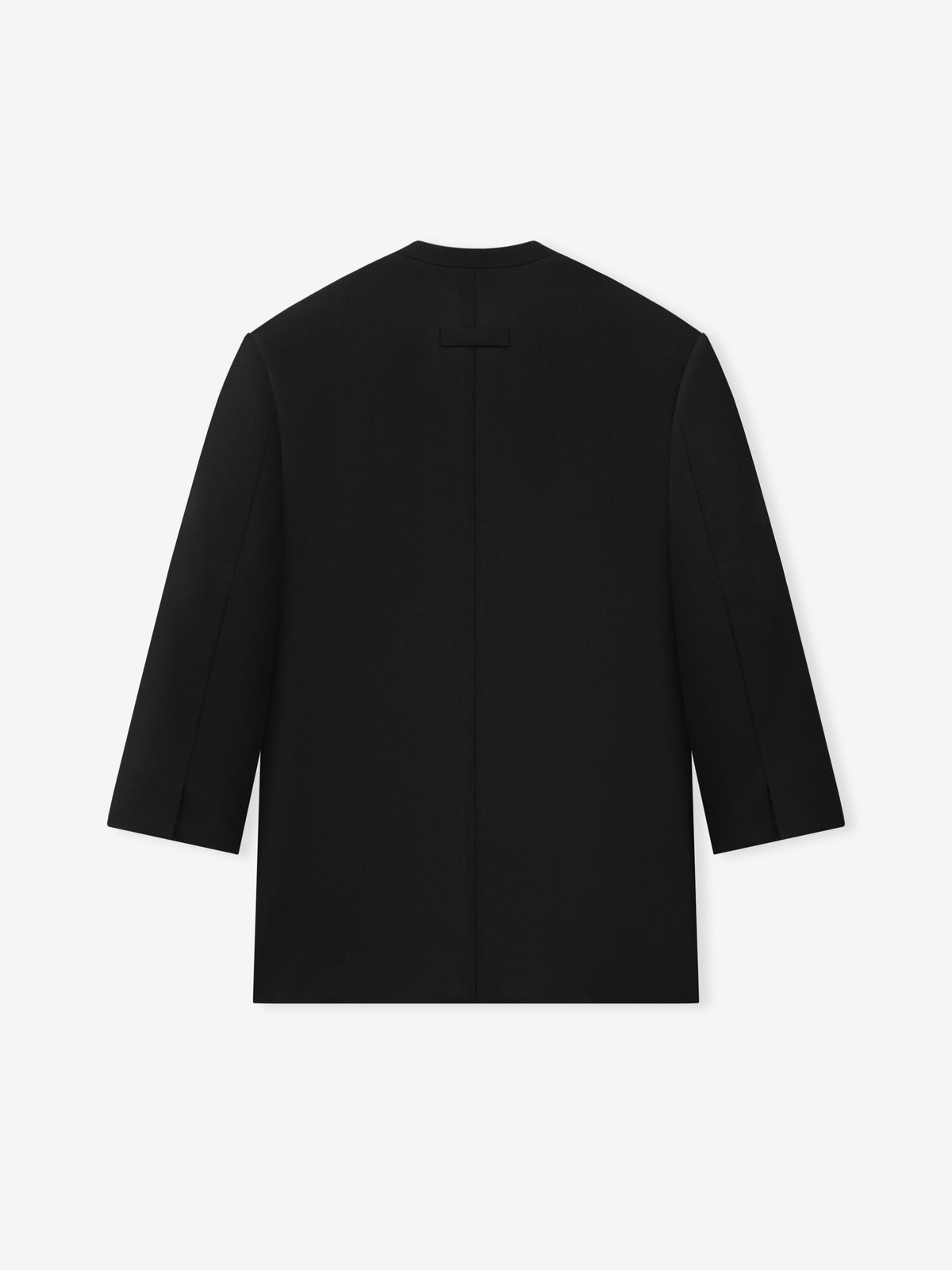 Easy Care Wool Lapelless Mid-length Jacket shown flat in black from the back with a clean collar long sleeves and straight mid-length silhouette as Outerwear