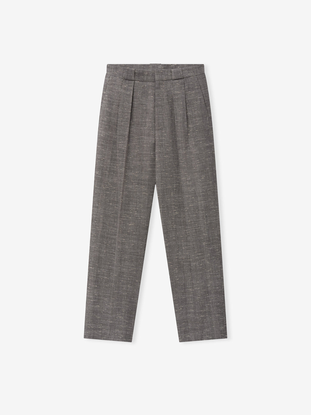Slub Wool Box Pleat Trousers laid flat in charcoal gray showing the high waist front box pleats straight legs and textured wool fabric as Bottoms