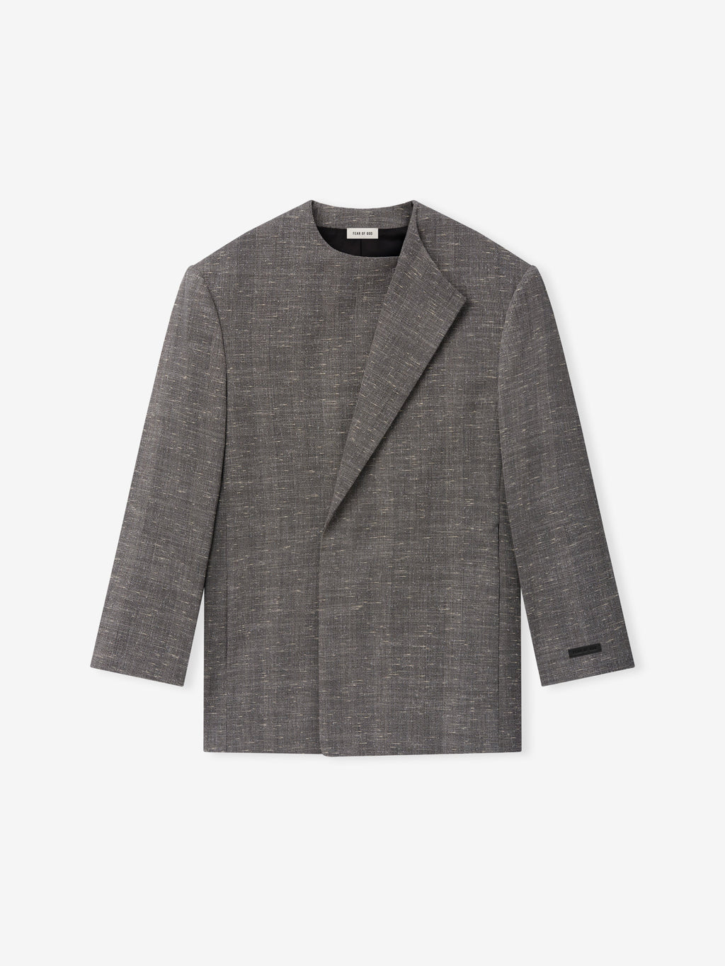 Slub Wool Cotton Belted Jacket shown flat in textured gray with a tailored overlapping front and long sleeves on a clean background as Outerwear