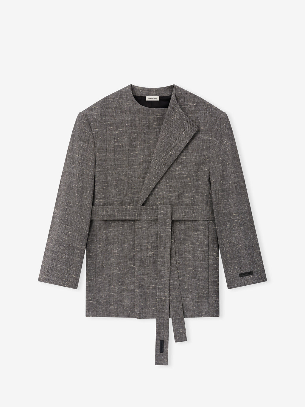Slub Wool Cotton Belted Jacket shown flat in textured gray with an overlapping wrap front tie belt and long sleeves on a light background as Outerwear
