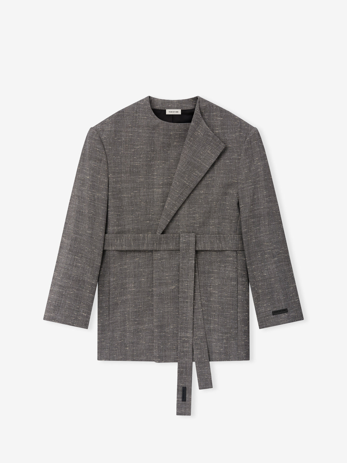 Slub Wool Cotton Belted Jacket shown flat in textured gray with an overlapping wrap front tie belt and long sleeves on a light background as Outerwear