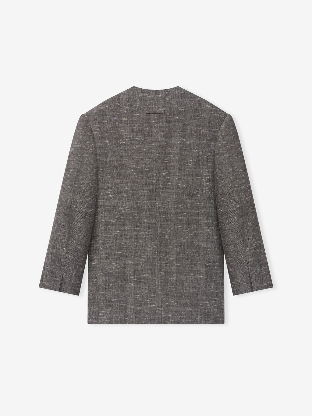 Slub Wool Cotton Belted Jacket shown flat from the back in textured gray with long sleeves and a clean straight hem as Outerwear